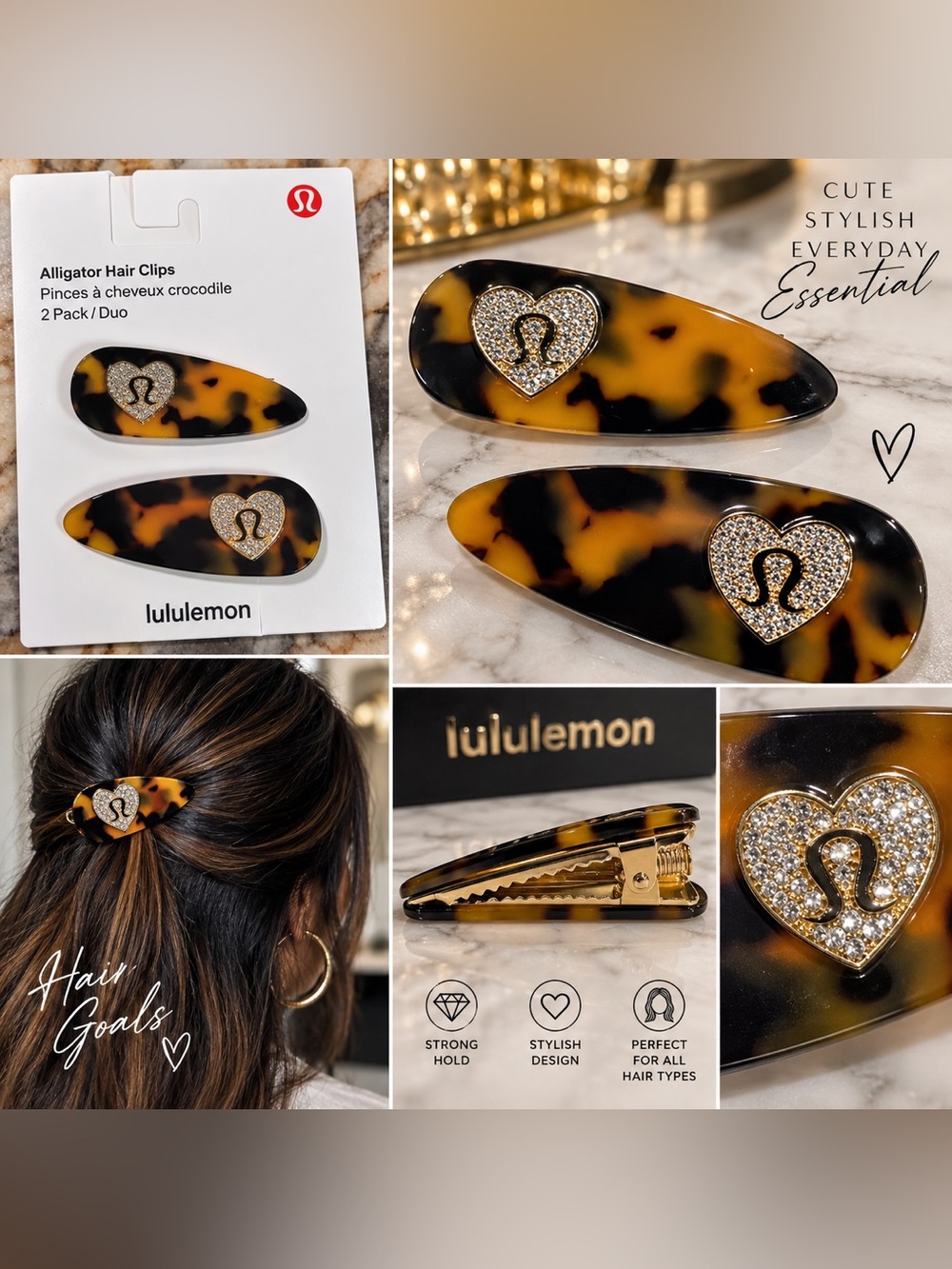 lululemon athletica Tortoiseshell Hair Clips with Gold Rhinestone Heart Logo